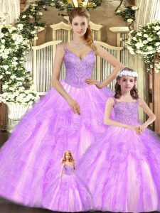 Trendy Lilac Organza Lace Up Sweet 16 Dress Sleeveless Floor Length Beading and Ruffles