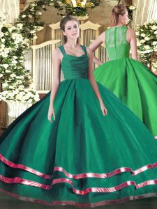 Romantic Dark Green Zipper Straps Ruffled Layers and Ruching Ball Gown Prom Dress Organza Sleeveless