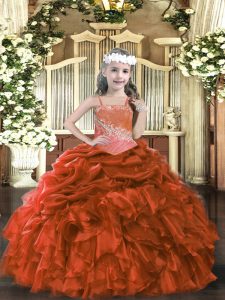 Rust Red Ball Gowns Appliques and Ruffles Little Girls Pageant Dress Lace Up Organza Sleeveless Floor Length