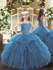 Classical Teal Ball Gowns Straps Sleeveless Tulle Floor Length Lace Up Beading and Ruffles Little Girls Pageant Dress