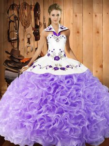 Chic Floor Length Lavender Sweet 16 Dresses Fabric With Rolling Flowers Sleeveless Embroidery