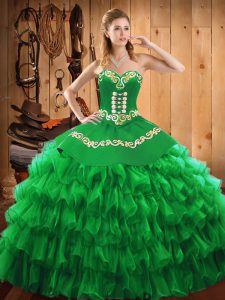 Chic Green Sweet 16 Dress Military Ball and Sweet 16 and Quinceanera with Embroidery and Ruffled Layers Sweetheart Sleeveless Lace Up