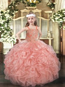 Pink Sleeveless Organza Lace Up Little Girls Pageant Gowns for Party and Quinceanera