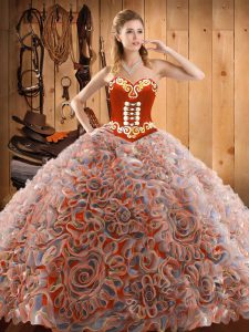 Multi-color Satin and Fabric With Rolling Flowers Lace Up Sweet 16 Dress Sleeveless With Train Sweep Train Embroidery