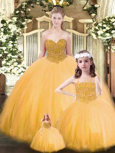 Flare Sleeveless Tulle Floor Length Lace Up Quinceanera Dress in Gold with Beading