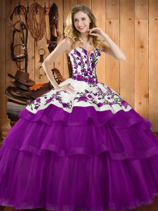 Purple Tulle Lace Up Sweet 16 Dress Sleeveless Floor Length Embroidery and Ruffles