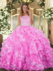 Elegant Organza Sleeveless Floor Length Sweet 16 Dress and Lace and Ruffled Layers