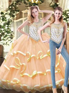 Affordable Peach Organza Zipper Scoop Sleeveless Floor Length Quinceanera Gown Beading and Ruffled Layers