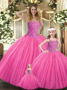 Sweet Hot Pink Ball Gowns Beading Quinceanera Dress Lace Up Tulle Sleeveless Floor Length