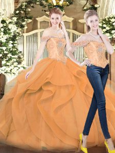 Sleeveless Floor Length Beading and Ruffles Lace Up Quinceanera Dress with Orange Red