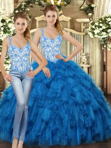 Colorful Blue Organza Lace Up Vestidos de Quinceanera Sleeveless Floor Length Beading and Ruffles