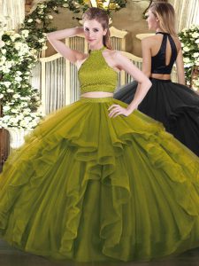 Attractive Floor Length Backless Quinceanera Gown Olive Green for Military Ball and Sweet 16 and Quinceanera with Beading and Ruffles