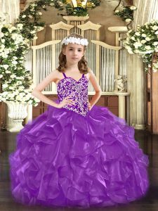 Most Popular Purple Straps Neckline Beading Little Girl Pageant Dress Sleeveless Lace Up