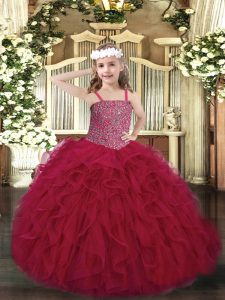 Graceful Floor Length Ball Gowns Sleeveless Wine Red Little Girl Pageant Dress Lace Up