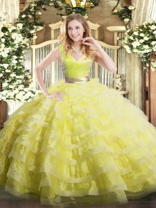 Organza V-neck Sleeveless Zipper Ruffled Layers 15th Birthday Dress in Yellow Green