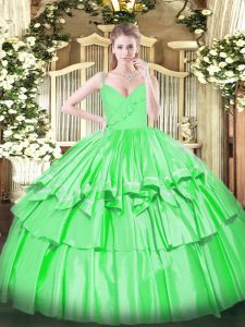 Flare Green Taffeta Zipper Spaghetti Straps Sleeveless Floor Length Quinceanera Dresses Ruffled Layers