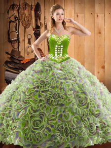 Hot Sale Sweetheart Sleeveless Sweet 16 Dress With Train Sweep Train Embroidery Multi-color Satin and Fabric With Rolling Flowers