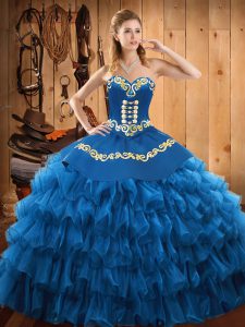 Shining Sleeveless Floor Length Embroidery and Ruffled Layers Lace Up Sweet 16 Dress with Blue