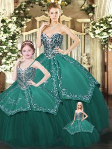 Dark Green Ball Gowns Sweetheart Sleeveless Satin and Tulle Floor Length Lace Up Embroidery Quinceanera Dresses