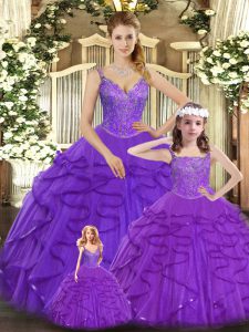 Excellent Purple Straps Lace Up Beading and Ruffles Quince Ball Gowns Sleeveless