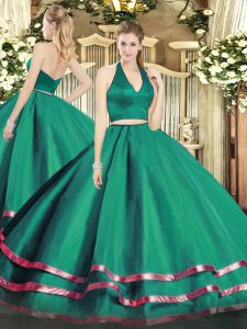 Dark Green Halter Top Zipper Ruffled Layers Quinceanera Gowns Sleeveless