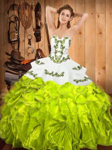 Ideal Strapless Neckline Embroidery and Ruffles Quinceanera Gowns Sleeveless Lace Up