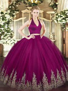 Fuchsia Quinceanera Gowns Military Ball and Sweet 16 and Quinceanera with Appliques Halter Top Sleeveless Zipper