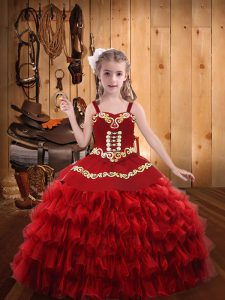 High Quality Red Ball Gowns Embroidery and Ruffled Layers Kids Pageant Dress Lace Up Organza Sleeveless Floor Length