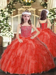 Sleeveless Floor Length Beading and Ruffles Lace Up Kids Pageant Dress with Coral Red