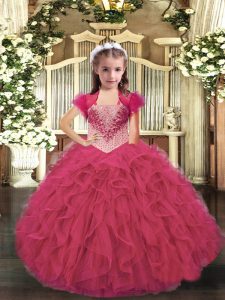 Floor Length Ball Gowns Sleeveless Hot Pink Pageant Gowns For Girls Lace Up