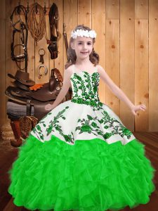 Best Sleeveless Floor Length Embroidery and Ruffles Lace Up Little Girls Pageant Dress Wholesale with Green