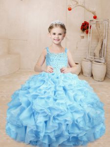 Trendy Baby Blue Lace Up Pageant Gowns For Girls Beading and Ruffles Sleeveless Floor Length