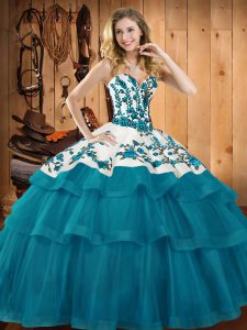 Chic Sweetheart Sleeveless Ball Gown Prom Dress Sweep Train Embroidery Teal Organza