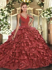 Red Backless V-neck Beading and Ruffles 15th Birthday Dress Taffeta Sleeveless