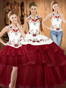 Latest With Train Lace Up 15 Quinceanera Dress Wine Red for Military Ball and Sweet 16 and Quinceanera with Embroidery and Ruffled Layers Sweep Train