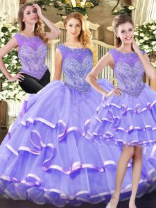 Excellent Lavender Sleeveless Beading and Ruffled Layers Floor Length Quince Ball Gowns