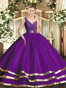 Purple V-neck Backless Ruffled Layers Quinceanera Dresses Sleeveless