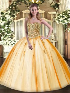 Sophisticated Gold Ball Gown Prom Dress Military Ball and Sweet 16 and Quinceanera with Beading Sweetheart Sleeveless Lace Up