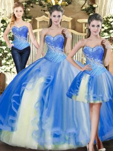 Perfect Baby Blue Tulle Lace Up Sweetheart Sleeveless Floor Length Ball Gown Prom Dress Beading