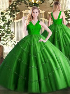 On Sale V-neck Sleeveless Zipper Quinceanera Dresses Green Tulle