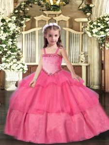 Ball Gowns Little Girls Pageant Dress Hot Pink Straps Organza Sleeveless Floor Length Lace Up