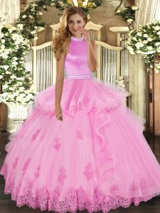 Rose Pink 15th Birthday Dress Military Ball and Sweet 16 and Quinceanera with Beading and Ruffles Halter Top Sleeveless Backless