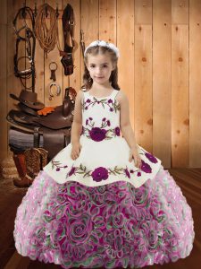 Attractive Sleeveless Fabric With Rolling Flowers Floor Length Lace Up Little Girl Pageant Gowns in Multi-color with Embroidery and Ruffles