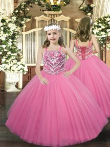 Rose Pink Tulle Lace Up Straps Sleeveless Floor Length Little Girls Pageant Gowns Beading