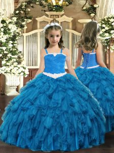 Sleeveless Organza Floor Length Lace Up Little Girls Pageant Dress in Blue with Appliques and Ruffles