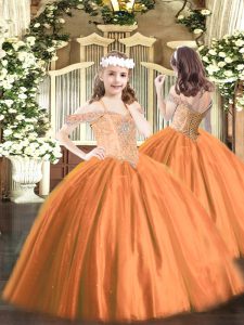 Off The Shoulder Sleeveless Tulle Girls Pageant Dresses Beading Lace Up