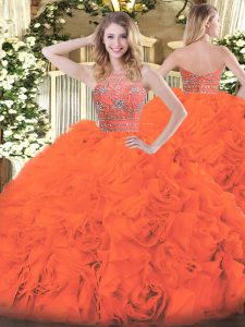 Orange Red Ball Gowns Tulle Halter Top Sleeveless Beading and Ruffles Floor Length Zipper 15 Quinceanera Dress