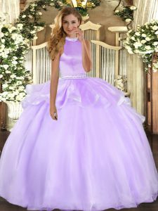 Lavender Tulle Backless Halter Top Sleeveless Floor Length 15th Birthday Dress Beading and Ruffles