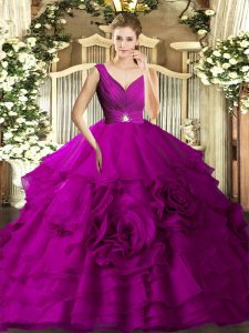 Fuchsia Sleeveless Beading and Ruching Floor Length Sweet 16 Quinceanera Dress