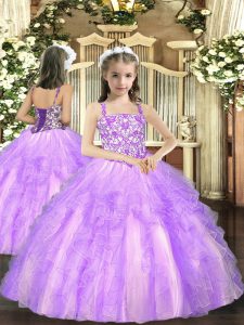 Floor Length Lavender Little Girls Pageant Gowns Straps Sleeveless Lace Up